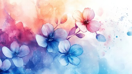 Watercolor painting of delicate pink and blue flowers on a colorful background.