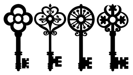 Obraz premium Four antique black keys show unique designs and craftsmanship, silhouette