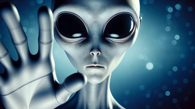 A humanoid alien with large black eyes and gray skin reaches out with one hand. The background is a soft blue with a cosmic feel, suggesting a sci-fi theme.