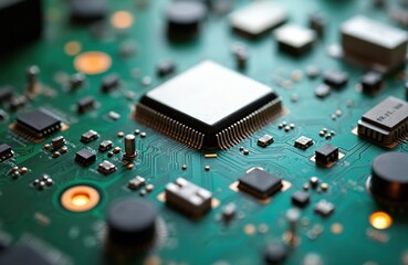 Close-up of intricately assembled circuit board with green, black components. View of microchip processor, memory card, other electrical components. Pro electronics repair, upgrade service background