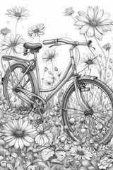 Obraz premium Classic bicycle artfully interwoven amidst a vibrant garden of daisies drawing