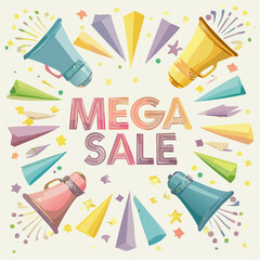 High-impact vector for �MEGA SALE� with dynamic visuals�features glowing banners, burst energy shapes, and star overlays to amplify digital and print retail campaigns