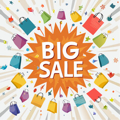 Eye-catching �BIG SALE� vector poster with central text, radial bursts, vivid colors, and design built to instantly highlight retail deals and customer savings