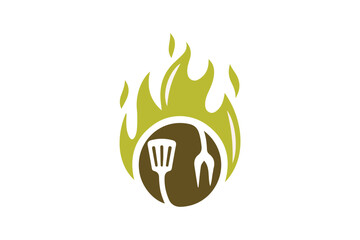 Flaming BBQ Logo with Spatula and Fork Icon for Barbecue Grill, Chef Branding, Cooking Tools, Restaurant, and Outdoor Food Design