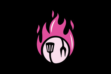 Flaming BBQ Logo with Spatula and Fork Icon for Barbecue Grill, Chef Branding, Cooking Tools, Restaurant, and Outdoor Food Design