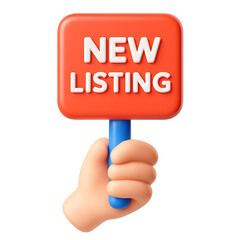 3d hand holding new listing sign isolated on transparent background