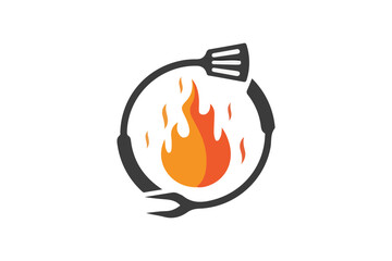 Modern BBQ Grill Logo Icon with Fire Flame, Fork, and Spatula for Barbecue Restaurant, Food Truck or Chef Branding