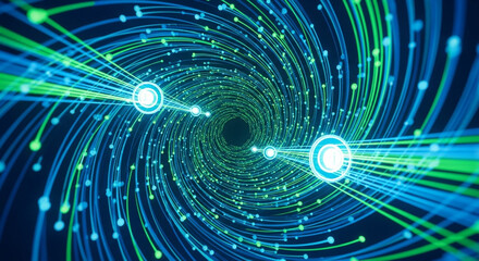 Abstract digital illustration representing data flow or an information network. The image features a dynamic spiral made of glowing blue and green lines converging toward a central dark point, with “i