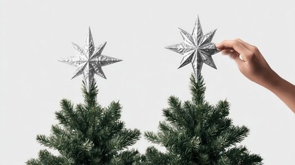 Two Christmas trees with silver star toppers. A hand is placing a topper on one tree