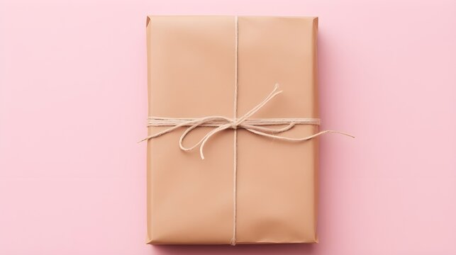 Wrapped present in brown paper tied with string rests against a pastel pink backdrop ready for a special occasion.