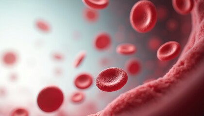 Red blood cell in close-up, vibrant red hue against black background. Cell outer part in striking red, inner part in lighter red, textured, rough. Centrally positioned, sharply contrasted.