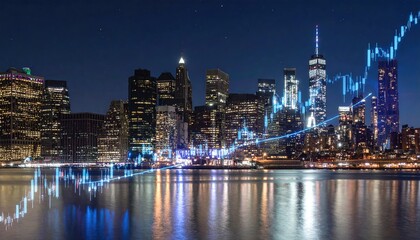 Obraz premium Night cityscape with financial data overlay
