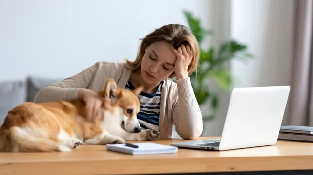 Woman Resting With Dog While Working From Home
