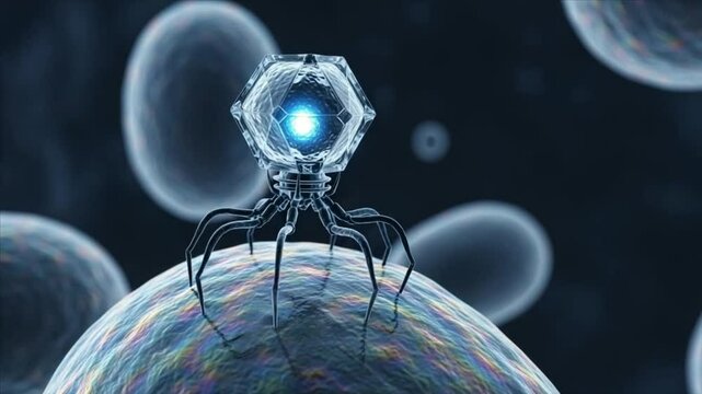 Viral Invasion Microscopic view of a bacteriophage attaching to a bacterial cell, illustrating infection and scientific processes.