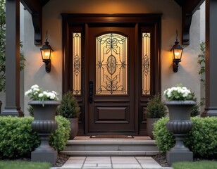 Large dark brown wooden door with stained glass and frosted glass panel. Flanked by potted plants, picket fence, and stone pathway. Lanterns hang above, serene green lawn backdrop.