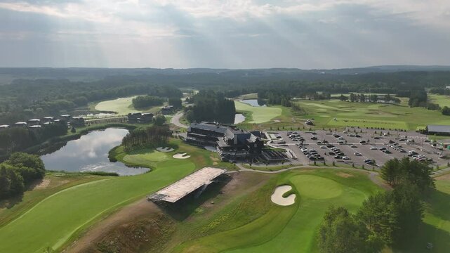 Establishing drone shot of TPC Toronto at Osprey Valley Golf Course during the day in Alton, Caledon, Ontario, Canada