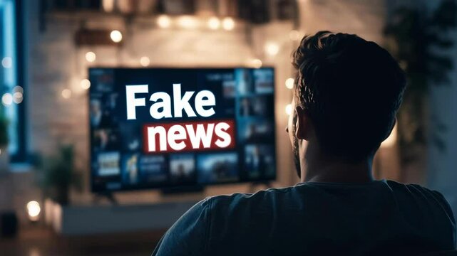A man is watching the news on a television. The news is fake. The man is sitting in a room with a television and a potted plant