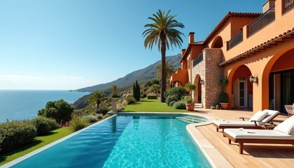 Fototapeta premium Luxury two-story house with terracotta roof on cliff overlooking ocean. Swimming pool, patio area with large palm tree, blue sky, and clear waters of sea in background.