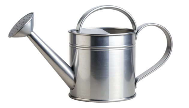 Metal watering can with a classic curved handle and long spout