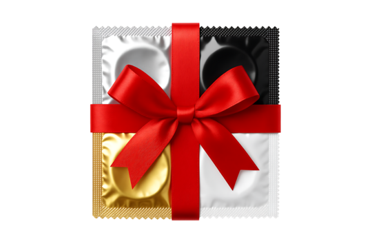 Condom gift pack with red ribbon bow isolated on transparent background