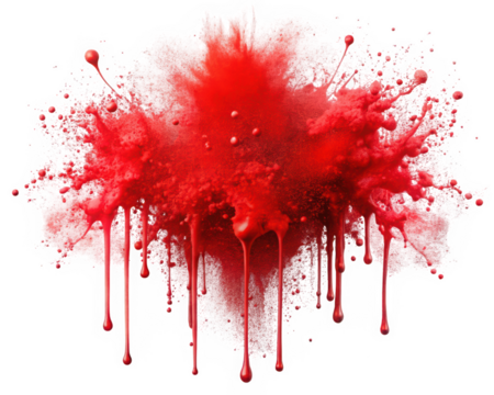 An abstract explosion of vibrant red paint splattering against a white backdrop, creating a dynamic and energetic visual effect.