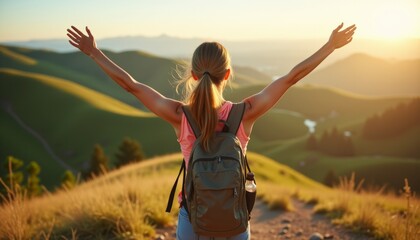 Backpacker's Bliss Woman Stands Victorious on a Mountain Peak at Dawn Witnessing Nature's Grandeur with Arms Outstretched Celebrating Adventure