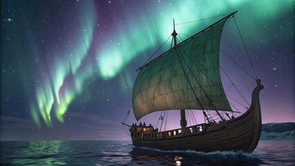 Wooden Viking ship sailing on ocean under vibrant green and purple aurora borealis with starry night sky and calm water
