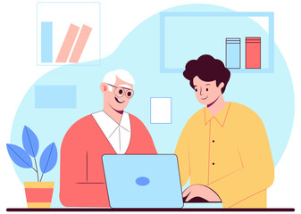 Minimal Flat Design of a Senior Employee Mentoring a Junior With Friendly Expression, Laptop on Desk, Soft Office Background, and a Motivational Workplace Vibe in Pastel Colors