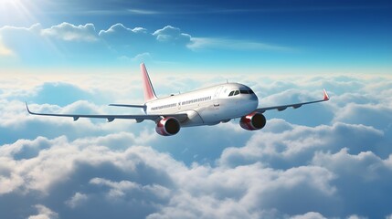 Obraz premium A modern airplane soaring above a fluffy cloudscape under a bright blue sky offers travel and transport themes.