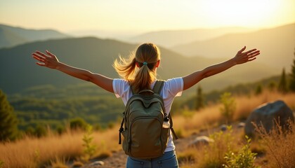 Backpacker's Bliss Woman Stands Victorious on a Mountain Peak at Dawn Witnessing Nature's Grandeur with Arms Outstretched Celebrating Adventure