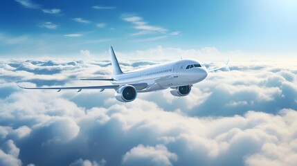 Commercial airplane soaring high above a serene, puffy cloudscape under a bright blue sky during a tranquil, picturesque flight.