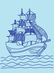  hand drawn ship vector illustrations with brush rough doodle sketch style. for Summer vacation elements blue ink style. Drawings for poster, business or menu card print.