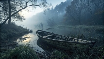 Obraz premium Abandoned wooden boat on a misty riverbank with trees and fog in a cinematic landscape scene water