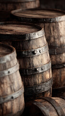 Obraz premium Aged Wooden Barrels: A Timeless Tale of Craftsmanship and Historical Tradition