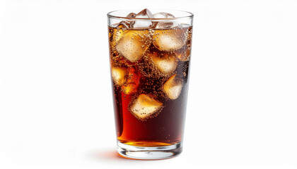 A close-up of a cool cola with an ice cube on an isolated white background.