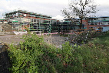 A building is being demolished and the area is overgrown with weeds