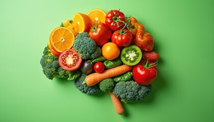 Vibrant display of fruits, vegetables on gradient green background. Bright orange fruits in circular pattern, green vegetables in triangular formation. Promoting healthy eating, brain food,