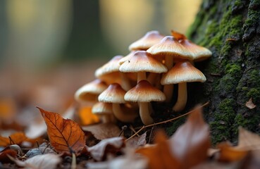 Group of light brown mushrooms with white spots scattered across tree trunk. Mushrooms in various growth stages, fully developed, others still growing. Dark green tree trunk surrounded by fallen