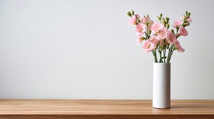 Pink flowers in a white vase on a light wood table against a plain background