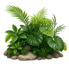 Lush Jungle Plant Group with Stones and Tropical Leaves on Black Background