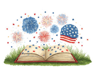 Open book with american flag fireworks and stars on grass isolated on transparent background