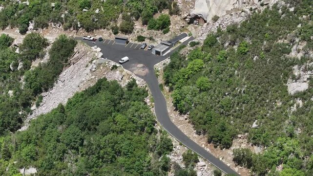 Aerial Little Cottonwood Canyon security vault SLC Utah. Granite Records Vault Mountain solid rock 600 foot tunnel Little Cottonwood Canyon. LDS or Mormon church stores records for security.