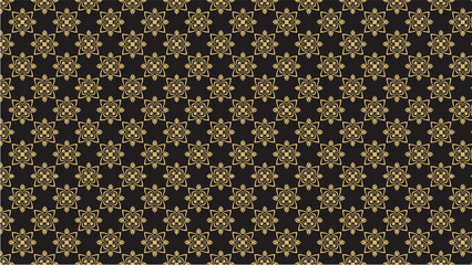 A seamless pattern with gold floral elements on a black background in a repeating symmetrical design