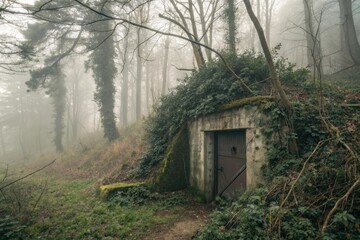 Concrete bunker door in a foggy forest clearing surrounded by green foliage and trees with a mysterious and eerie atmosphere