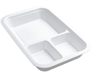  Angled Side View of Empty Polystyrene Food Tray with Rounded Corners, Isolated on Transparent Background