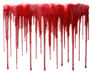 A dramatic splash of red dripping down, resembling blood. The vibrant hue contrasts sharply against a black background, creating an intense and eerie atmosphere.