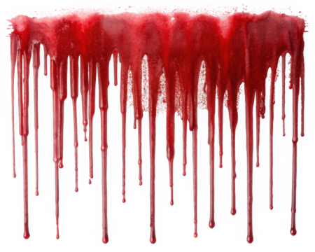 A dramatic splash of red dripping down, resembling blood. The vibrant hue contrasts sharply against a black background, creating an intense and eerie atmosphere.