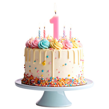 First birthday cake with pastel frosting, colorful sprinkles, and lit candles on white cake stand, cheerful celebration atmosphere