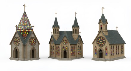 Fototapeta premium Three detailed church models displayed