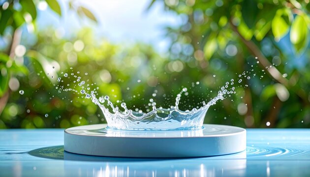 A dynamic water splash forming a crown shape on a pedestal, with a blurred natural green background. Perfect for fresh and vibrant advertising